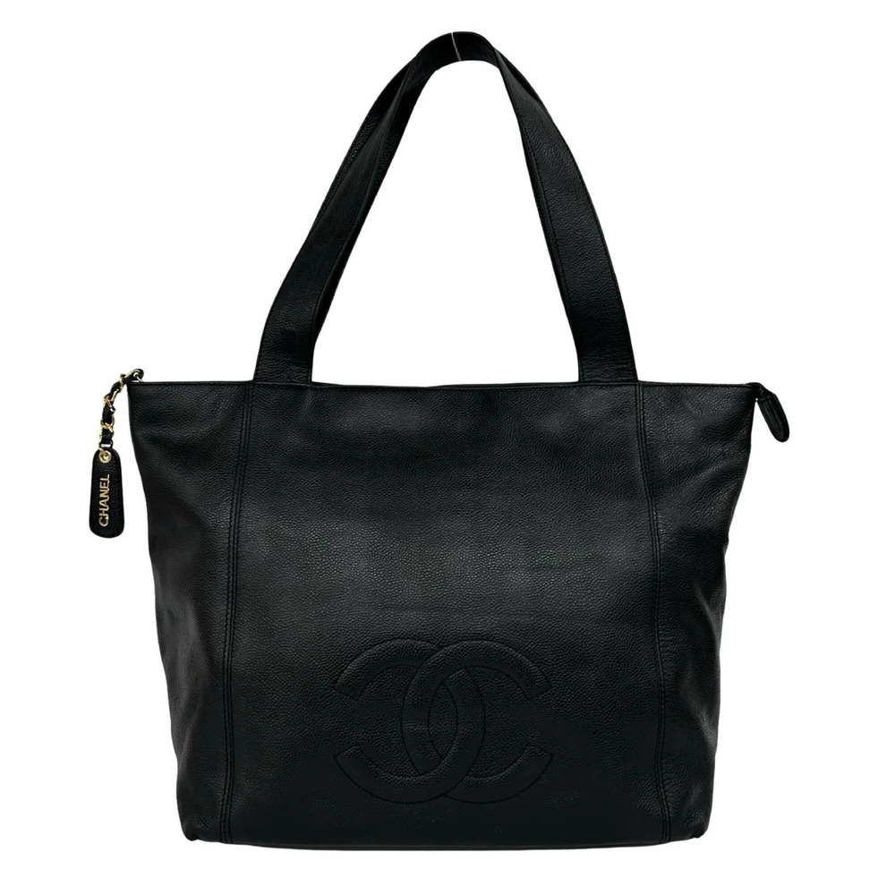 CHANEL Vintage Black Caviar Leather Logo Tote Bag